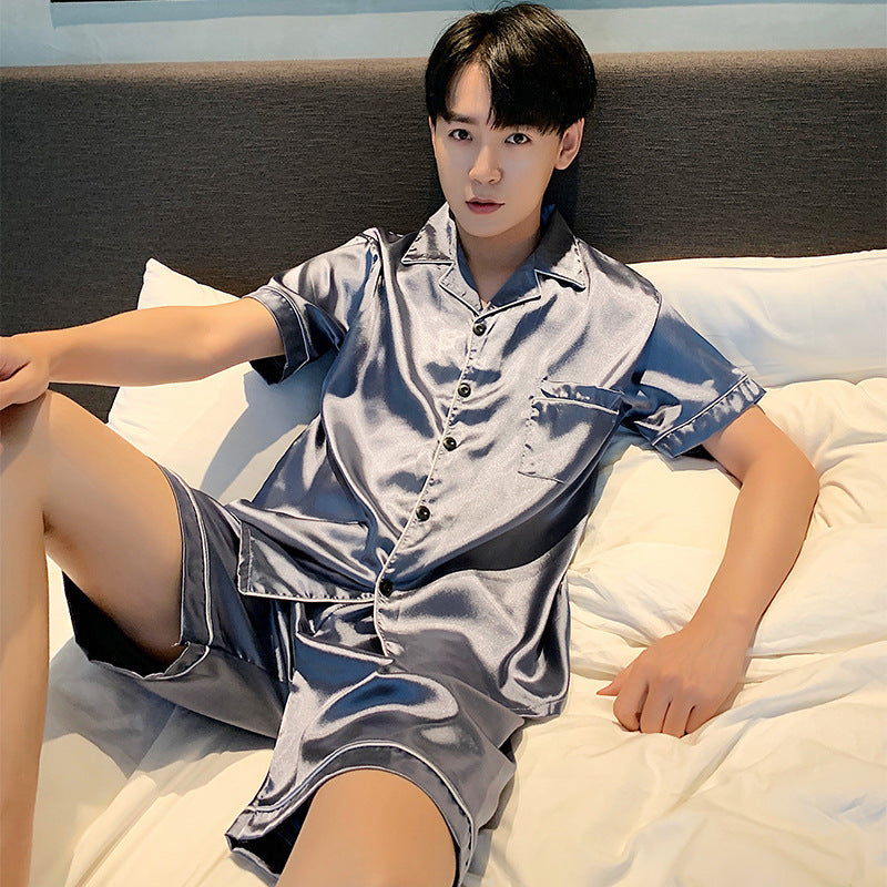 Men's Pajamas Summer Ice Silk Thin Short Sleeve Plus Size Loose Real Silk Jacquard Youth Homewear Suit