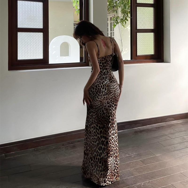 New Fashion European And American Style Vintage Leopard Print Sling Dress Women