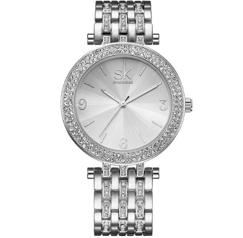 Shengke Luukse Vrouehorlosiehandelsmerke Crystal Sliver Dial Modeontwerp Armbandhorlosies Dames Vrouepolshorlosies Relogio Feminino