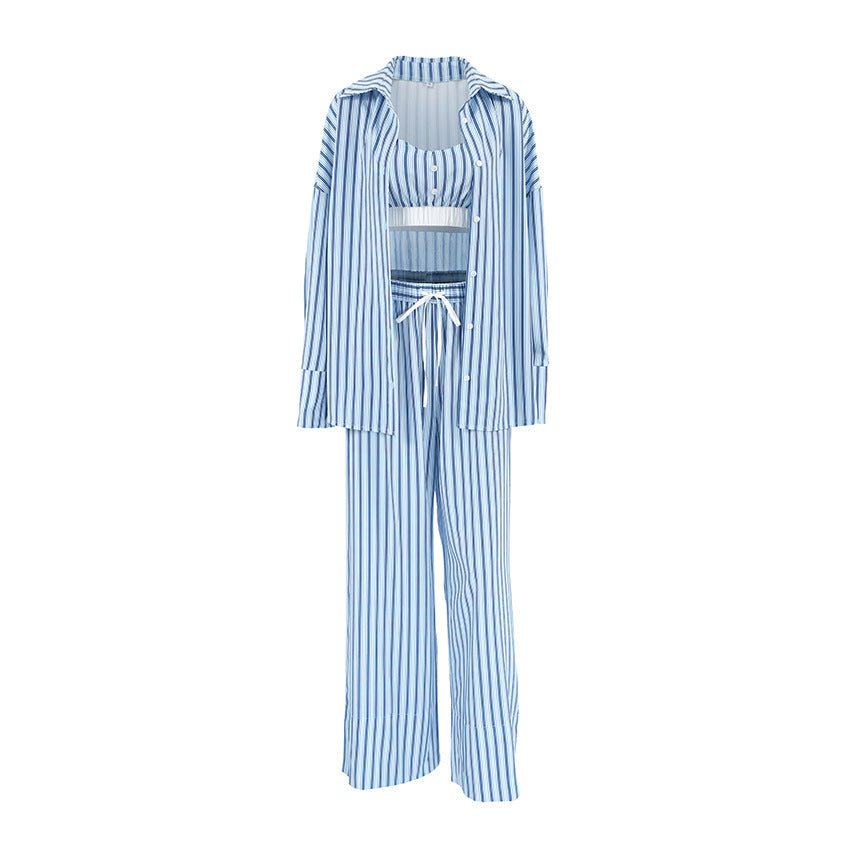 Women's 3 Piece Suit Y2K Aesthetic Striped Tank Top Long Sleeve Shirt And Elastic Waist Stretch Trousers For Casual Wear