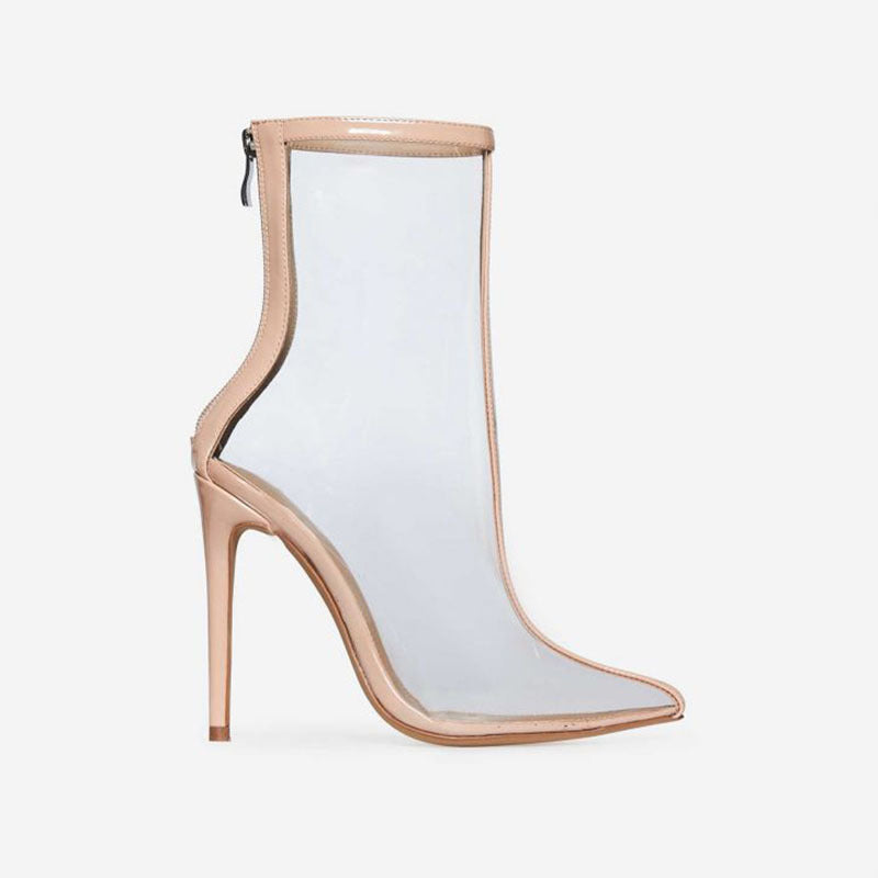 Kleurvolle deursigtige stiletto hak terug rits kort stewels vir vroue