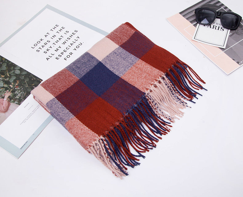 European And American Autumn And Winter Cashmere-like Red Plaid Double-sided Color Plaid Tassel Scarf Women Plus-sized Size Shawl