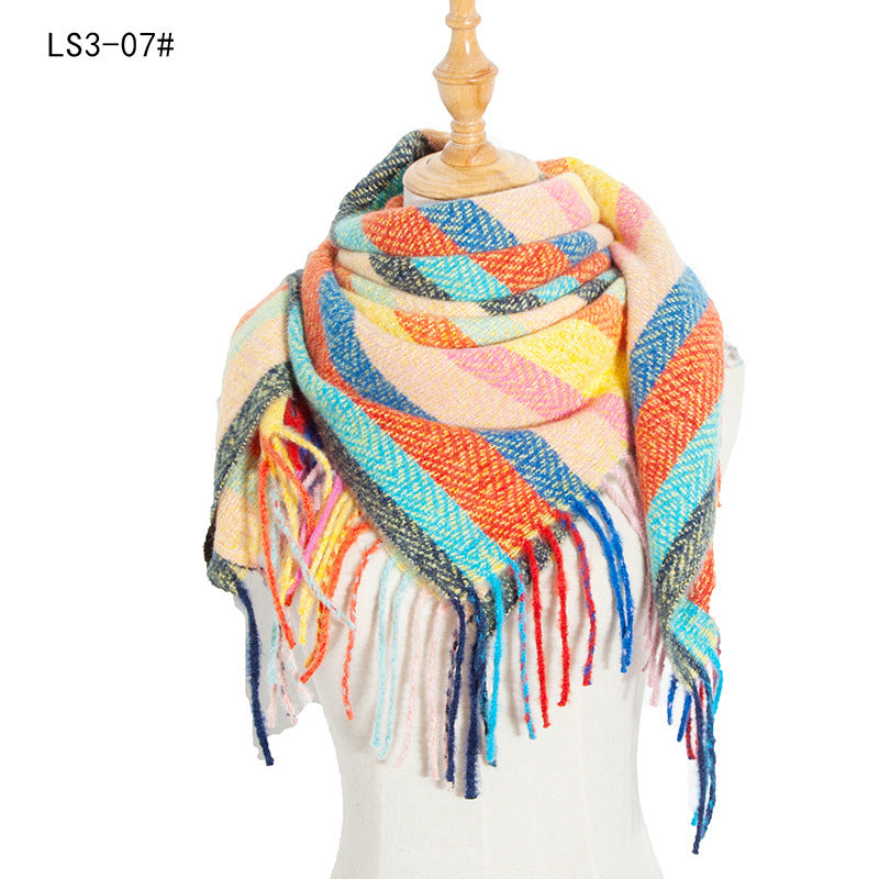 Yarn Stripe Grid Polyester Long Fringed Bristles Square Scarf Women Men's Bib Shawl