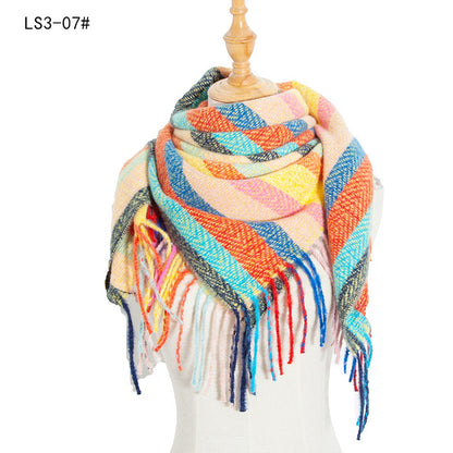 Yarn Stripe Grid Polyester Long Fringed Bristles Square Scarf Women Men's Bib Shawl