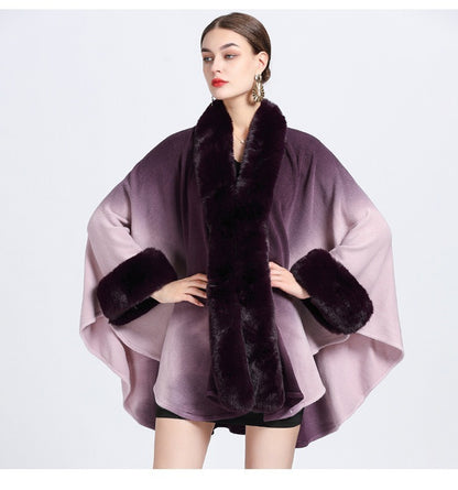 Rabbit Fur Collar Shawl Cape Knitted Cardigan Baggy Coat