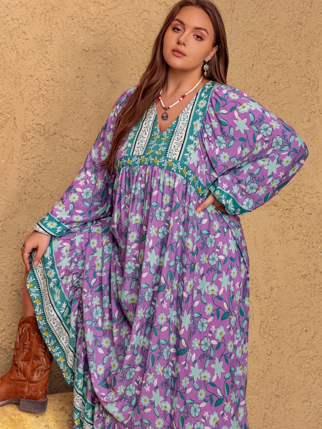 Plus Size Printed V-Neck Long Sleeve Maxi Dress