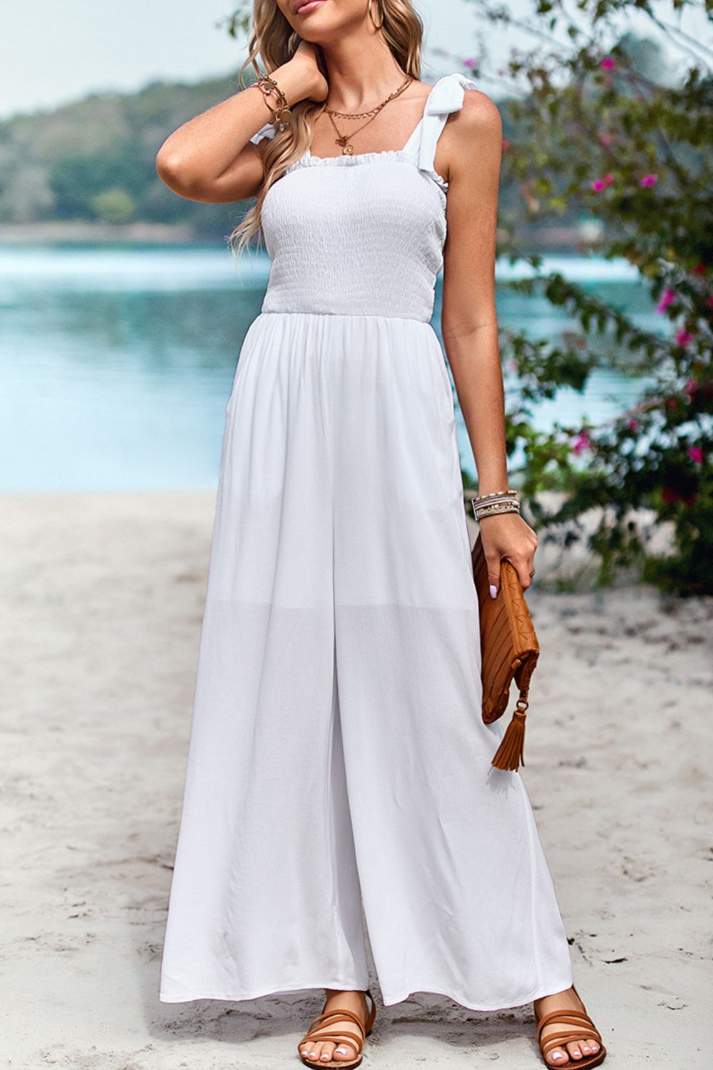 Frill Trim Tie Shoulder Wide Leg Jumpsuit with Pockets