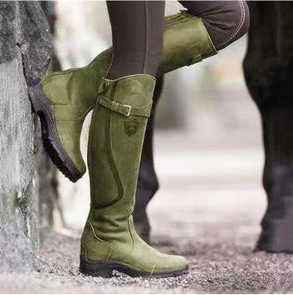 Classic Fashion Riding Western Boots Winter Knee Buckle Boots High Block Heel Round Toe Shoes For Women