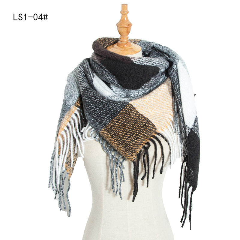 Yarn Stripe Grid Polyester Long Fringed Bristles Square Scarf Women Men's Bib Shawl