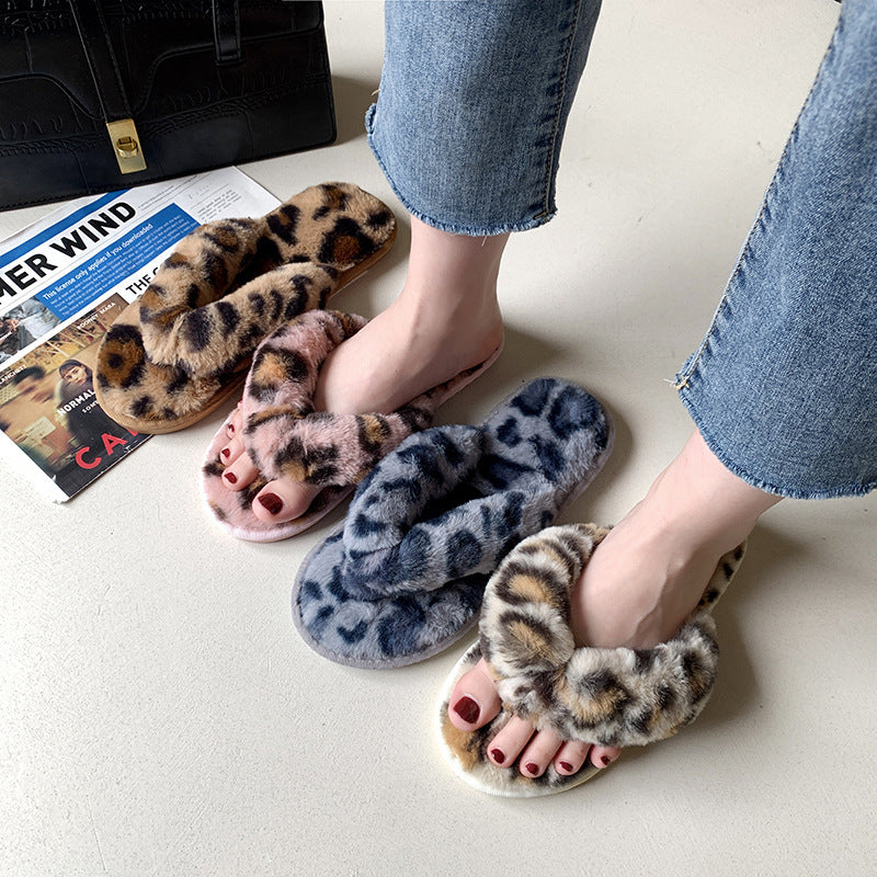 New Leopard Cross Fluffy Slippers Women's Home Indoor Fashion Plush Cotton Slippers Flip-flops Women