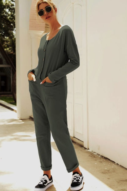 Buttoned Drop Shoulder Pocket Jumpsuit