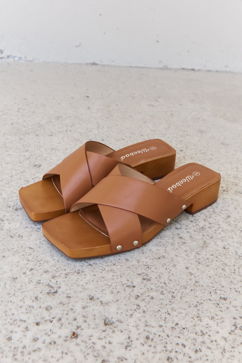 Weeboo Step Into Summer Criss Cross Wooden Clog Mule in Brown