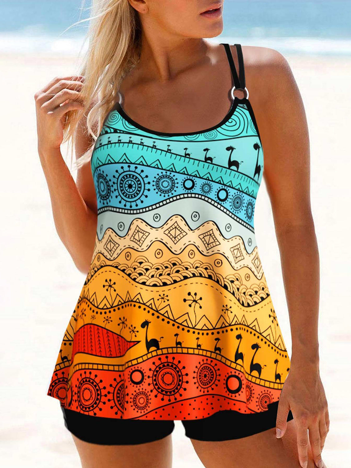 Printed Round Neck Two-Piece Swim Set