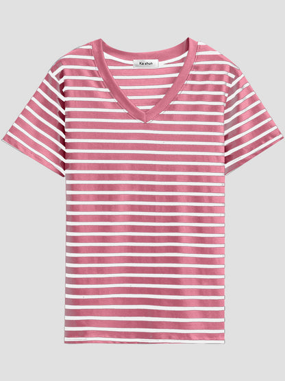 Plus Size Striped V-Neck Short Sleeve T-Shirt