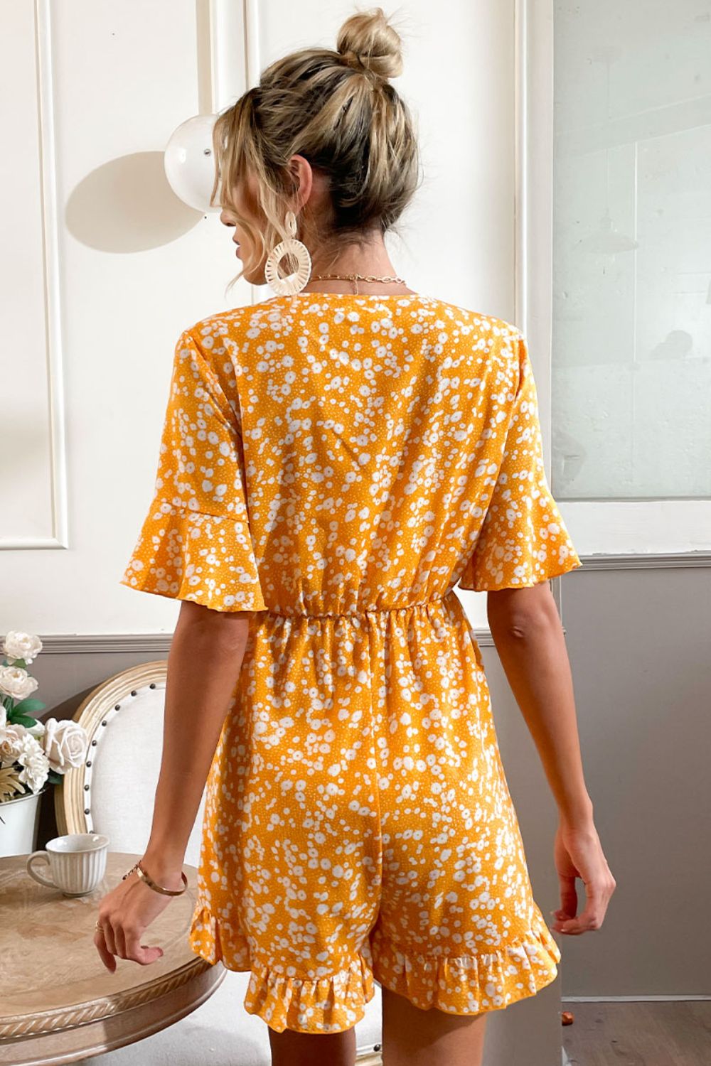 Printed Surplice Neck Ruffled Romper