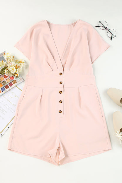 Buttoned V-Neck Short Sleeve Romper