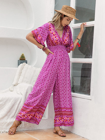 Floral Surplice Flutter Sleeve Jumpsuit