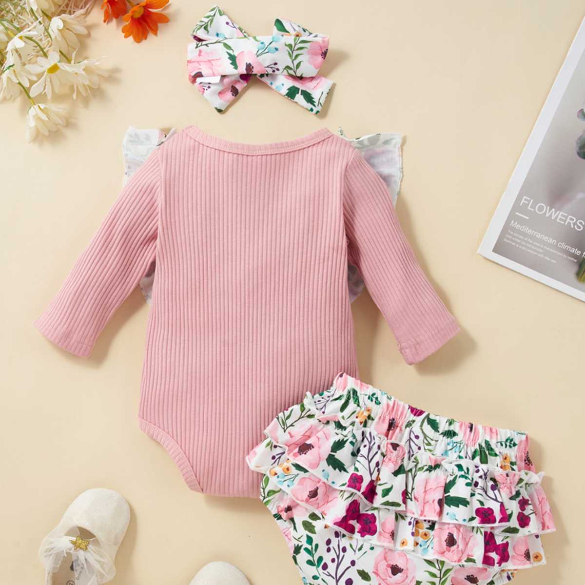 Floral Ruffle Trim Bodysuit and Bloomers Set