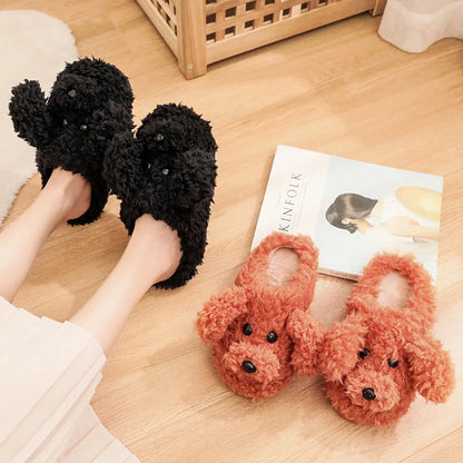 Comwarm Cute Dog Short Plush Slippers For Women Winter Warm Furry Cotton Shoes Couples Home Indoor Bedroom Cozy Slippers