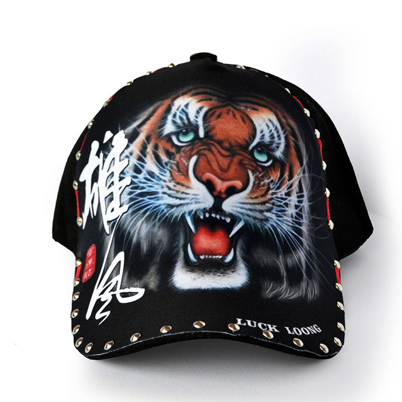 Hat Men's Black Rivet Baseball Cap Green Tiger Head Cap