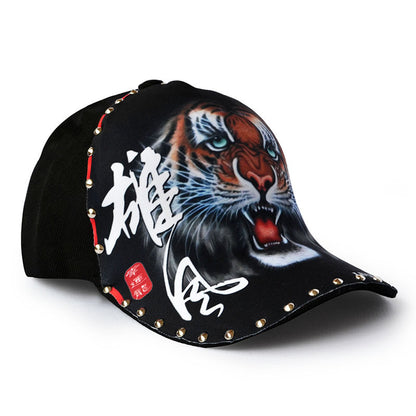 Hat Men's Black Rivet Baseball Cap Green Tiger Head Cap