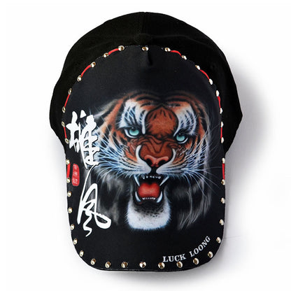 Hat Men's Black Rivet Baseball Cap Green Tiger Head Cap