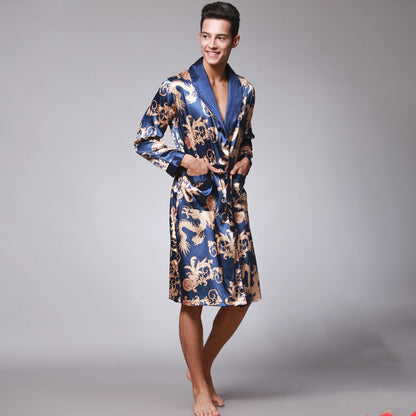 Long-Sleeved Nightgown, Printed Dragon Pattern, Long Bathrobe, Imitation Silk Home Service