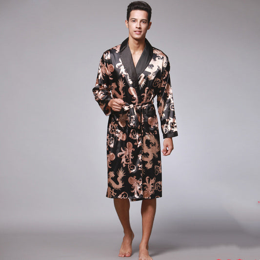 Long-Sleeved Nightgown, Printed Dragon Pattern, Long Bathrobe, Imitation Silk Home Service