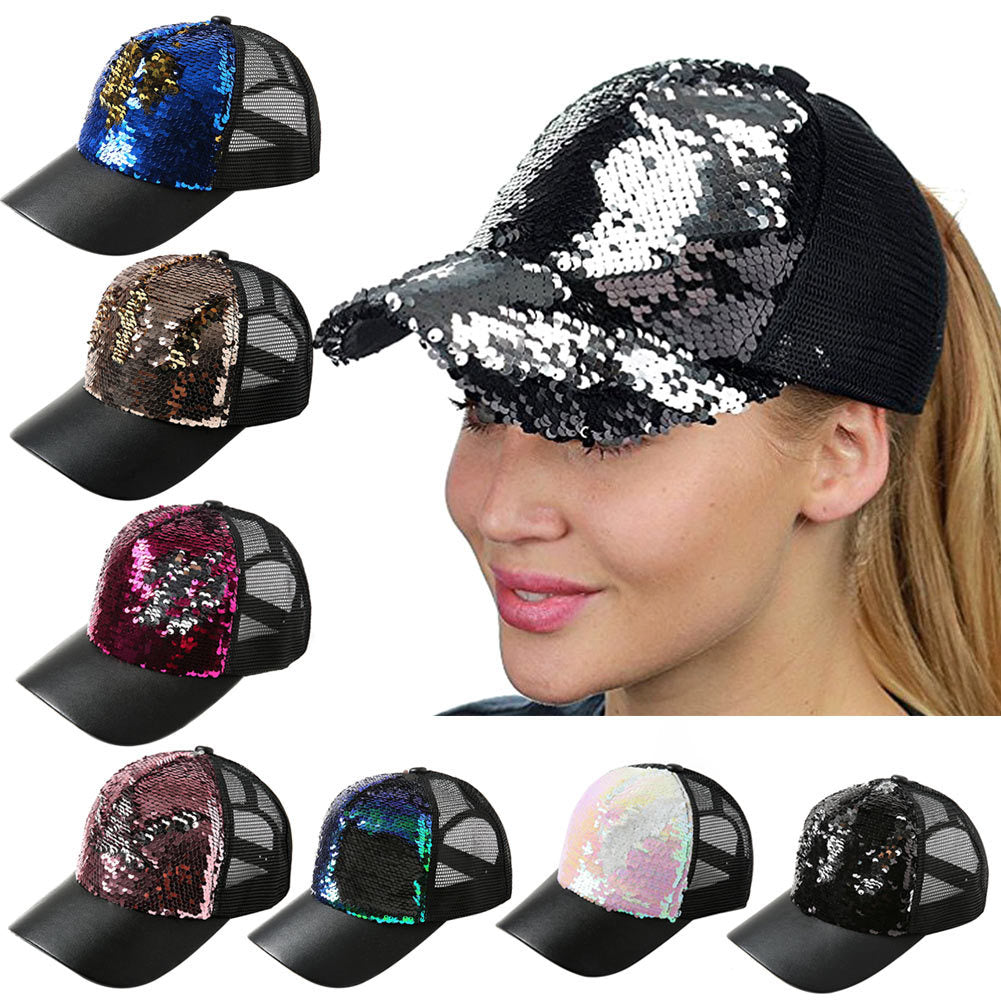 Two-tone Mermaid Sequin Diy Baseball Cap With Mesh Cap