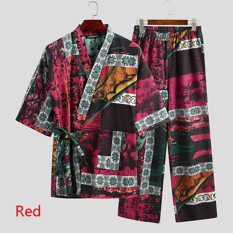 Men Pajamas Sets Men Half Sleeve V Neck Printed Lace Up