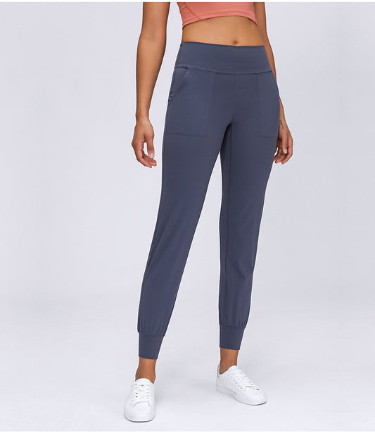 Nude Hip Pockets Loose Cropped Trousers Women's Running Yoga Fitness Gym Pants