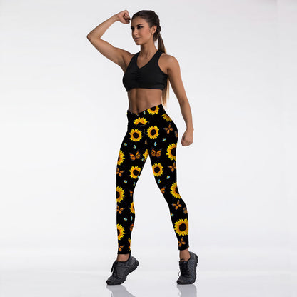 Sunflower Butterfly Print High Waist Sport Leggings, Women'S Breathable Push-Up Pants, Gym Clothing, Fitness, High Elasticity