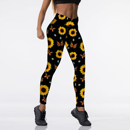 Sunflower Butterfly Print High Waist Sport Leggings, Women'S Breathable Push-Up Pants, Gym Clothing, Fitness, High Elasticity