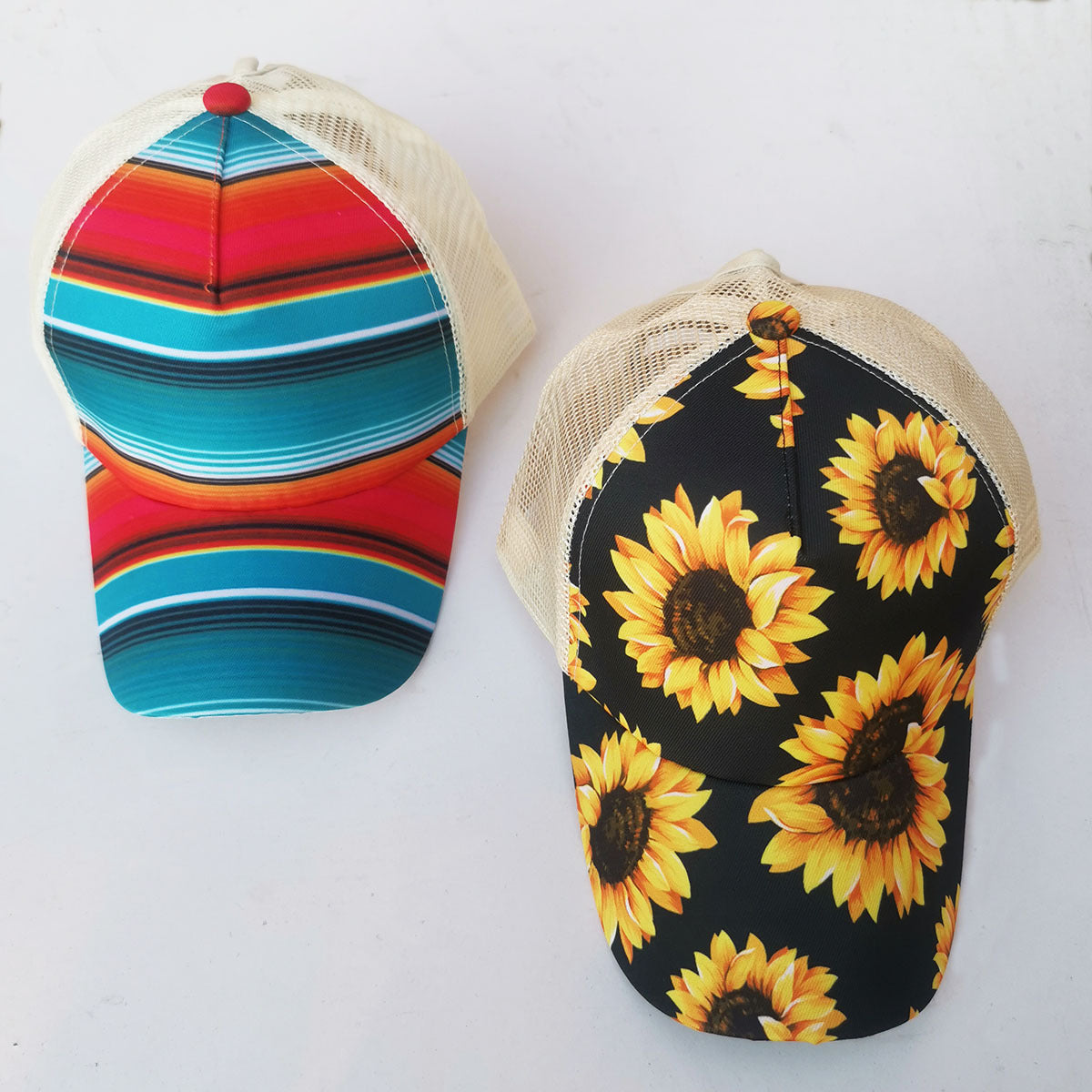 European And American Sunflower Print Baseball Cap, Back Cross Ponytail Cap, Color Striped Sunscreen Mesh Cap