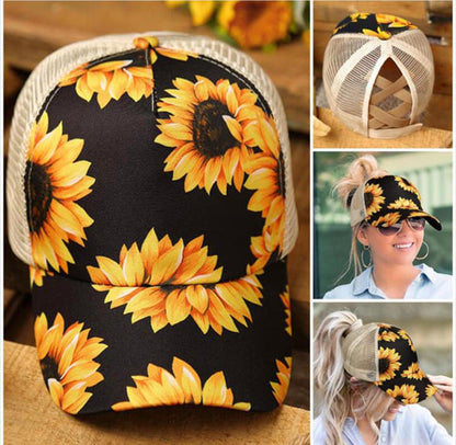 European And American Sunflower Print Baseball Cap, Back Cross Ponytail Cap, Color Striped Sunscreen Mesh Cap