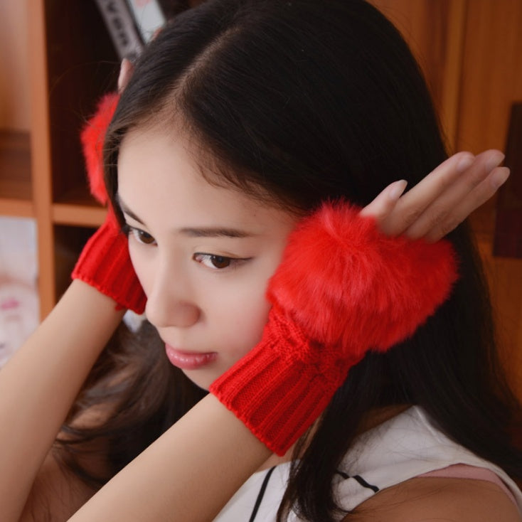 Solid color gloves winter plush wool warm gloves half finger gloves