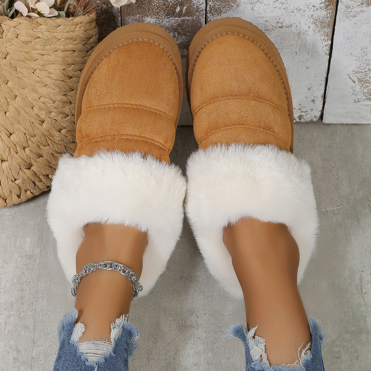 Winter Plush Slippers Home Thick-soled Warm Cotton Slippers Women Outdoor Garden Shoes