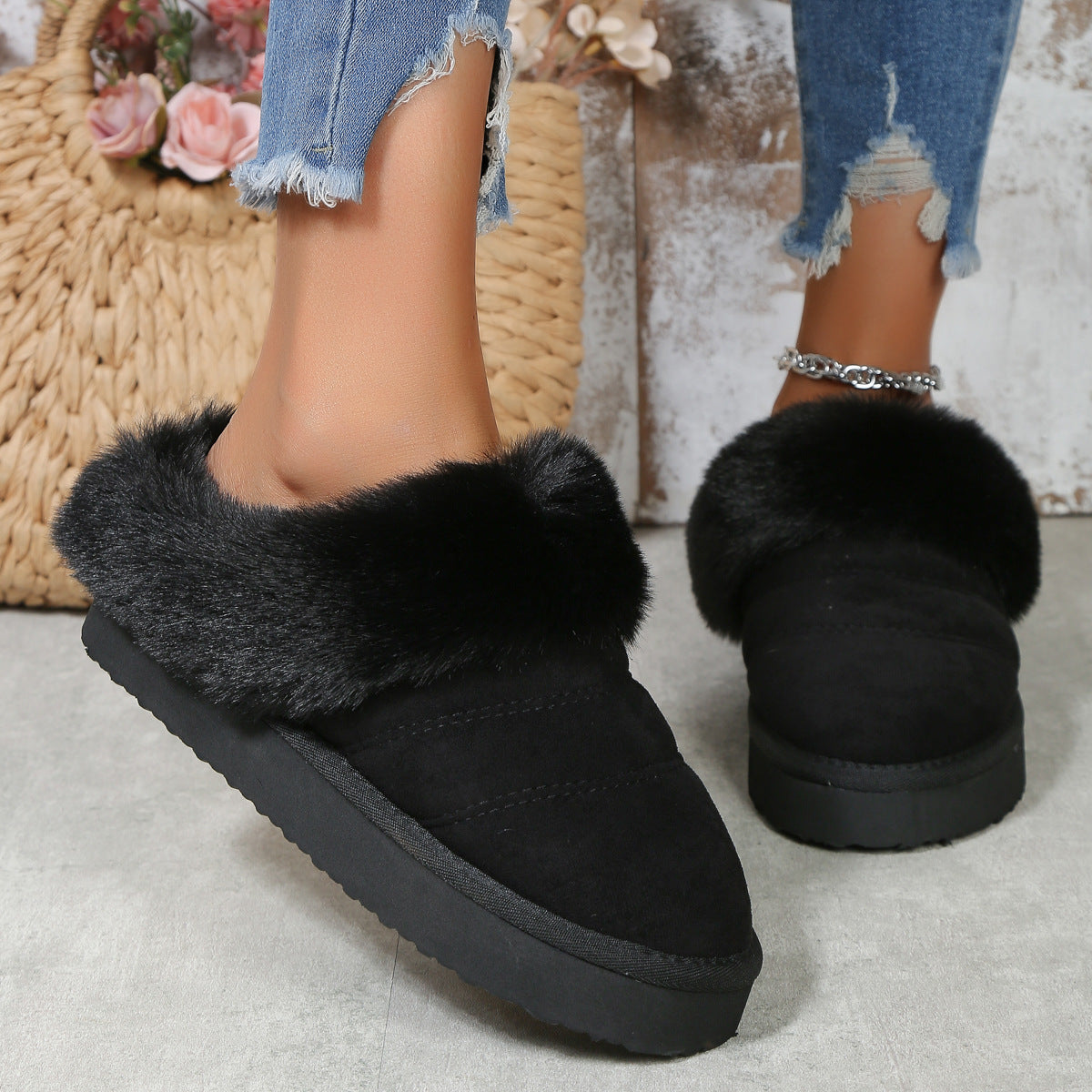 Winter Plush Slippers Home Thick-soled Warm Cotton Slippers Women Outdoor Garden Shoes