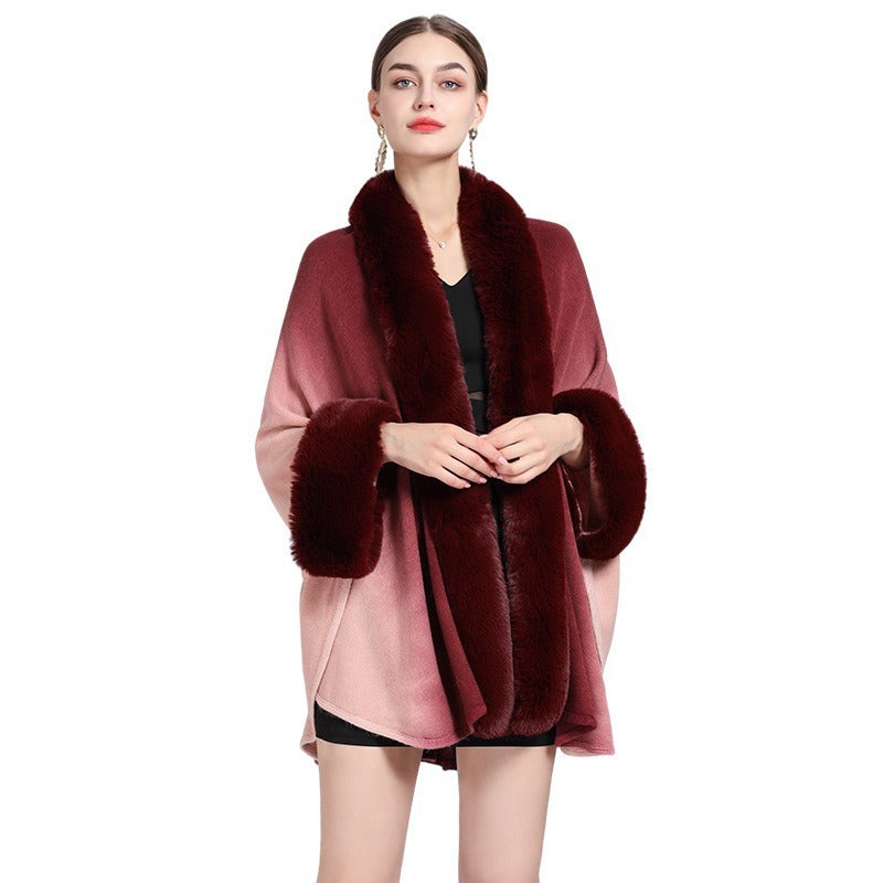 Rabbit Fur Collar Shawl Cape Knitted Cardigan Baggy Coat