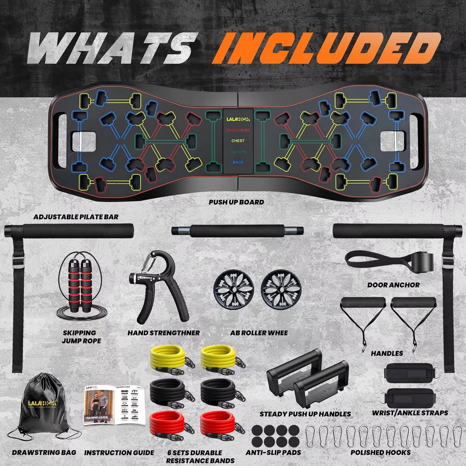 Portable Home Gym System: Large Compact Push up Board, Pilates Bar & 20 Fitness Accessories with Resistance Bands Ab Roller Whee