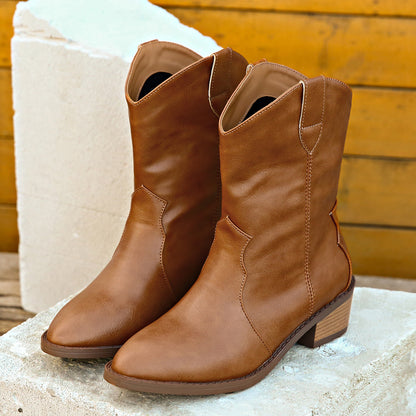 PU Leather Block Heel Boots