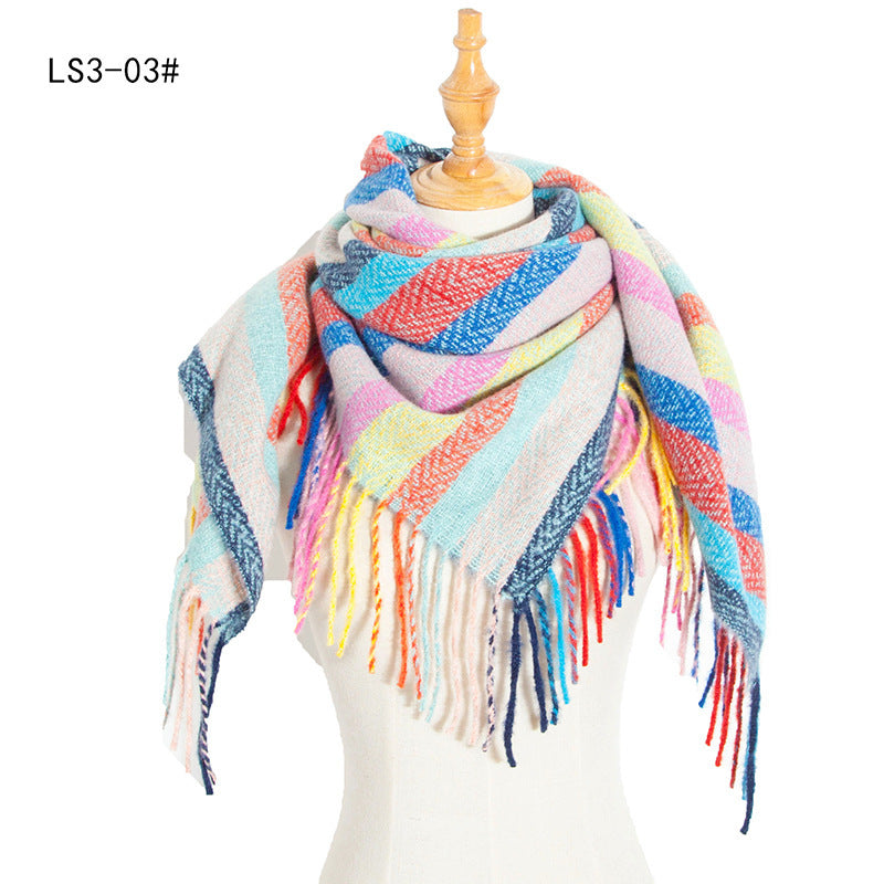 Yarn Stripe Grid Polyester Long Fringed Bristles Square Scarf Women Men's Bib Shawl