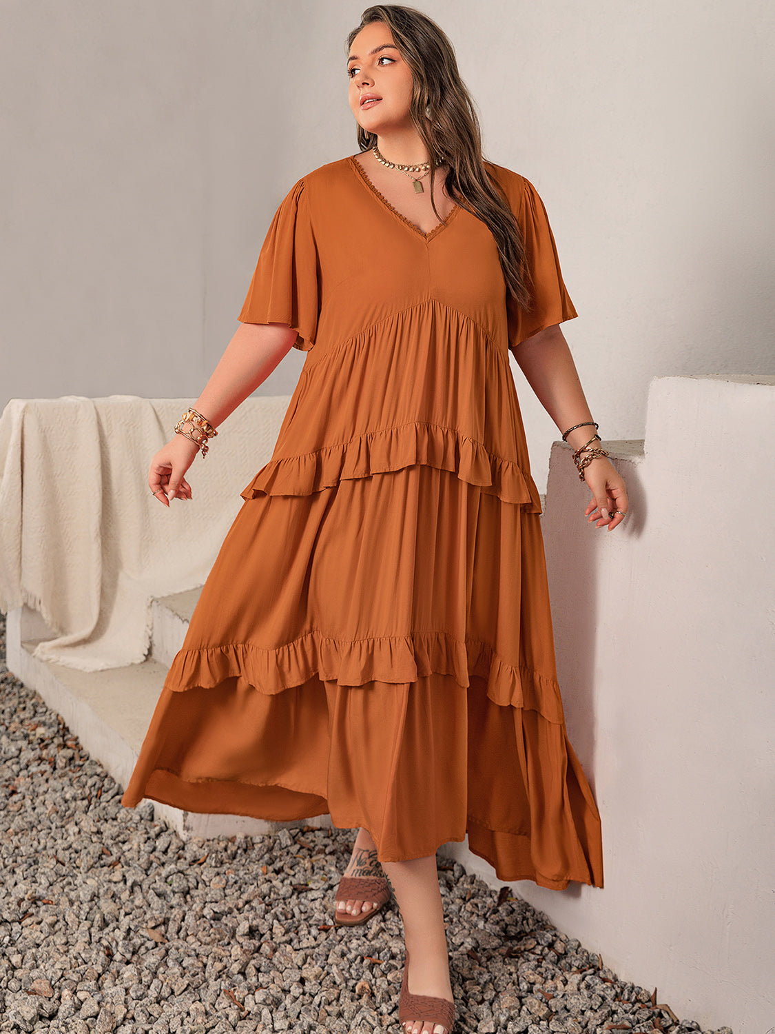 Plus Size V-Neck Flutter Sleeve Maxi Dress