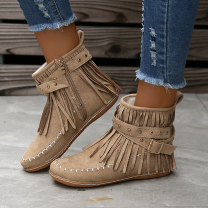 Studded Fringe Round Toe Boots