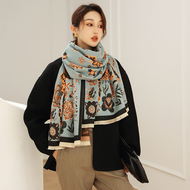 Women Double Sided Retro Carriage Warm Scarf