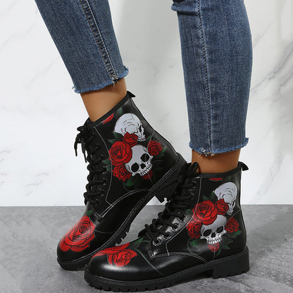 Halloween Shoes Rose Flower Print Lace-up Ankle Boots Women