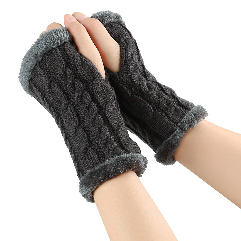 Winter Plush Gloves Twist Knitted Fingerless Fleece Gloves Women Warm Thickened Woolen Gloves