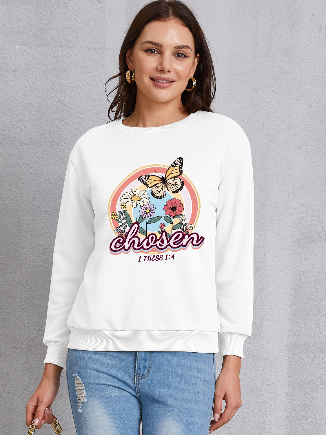 Butterfly Round Neck Dropped Shoulder Sweatshirt