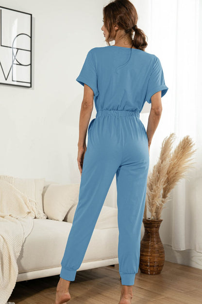 Surplice Neck Tied Short Sleeve Jumpsuit