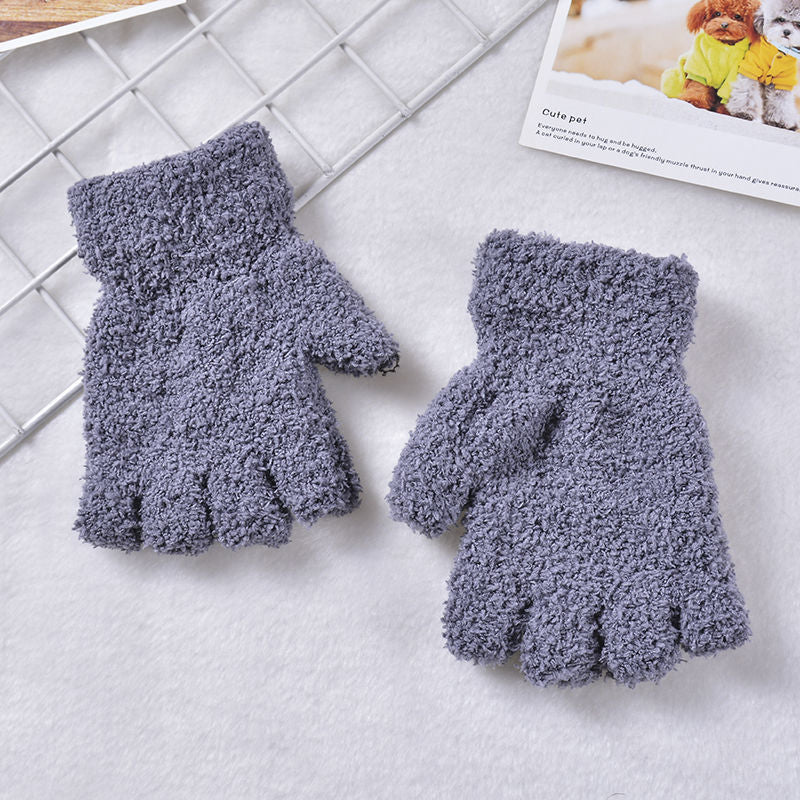 Children's Thermal Gloves Half Finger Velvet Cold Protection Gloves Fashion Student Writing Gloves